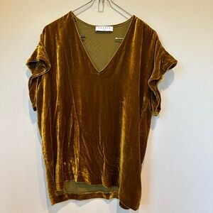 Sandro gold velvet v neck ruffle shoulder top 2 s - m